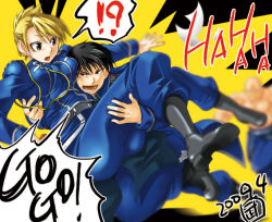 Rule 34 | 00s, 1girl, 2boys, aiguillette, alex louis armstrong, bad id, bad pixiv id, blonde hair, boots, carrying, english text, folded ponytail, fullmetal alchemist, multiple boys, princess carry, riza hawkeye, roy mustang, takehide, tsurime, uniform