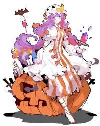 Rule 34 | 1girl, alternate color, bandaged leg, bandages, barefoot, bat (animal), blood, blood bag, bow, breasts, candle, commentary request, crescent, crescent pin, crystal, dress, full body, hair bow, hat, ideolo, intravenous drip, jack-o&#039;-lantern, long hair, long sleeves, looking at viewer, medium breasts, mob cap, orange bow, orange dress, patchouli knowledge, purple eyes, purple hair, simple background, solo, striped clothes, striped dress, touhou, white background, white dress, white hat