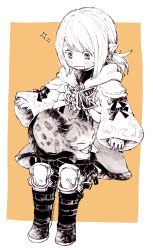 Rule 34 | 1girl, animal, animal on lap, black footwear, boots, border, cat, cat on lap, cropped jacket, dress, earrings, final fantasy, final fantasy xiv, from side, full body, hatching (texture), hood, hood down, hooded jacket, itowo (itowc), jacket, jewelry, knee pads, lalafell, looking at animal, low ponytail, medium hair, monochrome, on lap, open mouth, orange background, outside border, simple background, sitting, solo, sparkle, surprised, swept bangs, thigh boots, warrior of light (ff14), wavy mouth, white border, white jacket, wide-eyed, wide sleeves