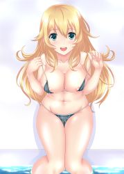 Rule 34 | 1girl, alternate costume, aqua eyes, areola slip, atago (kancolle), bikini, blonde hair, breasts, cameltoe, commentary request, cowboy shot, groin, hat, highres, kantai collection, large breasts, long hair, looking at viewer, looking up, micro bikini, midriff, navel, nendoroya, nipples, sitting, smile, soaking feet, solo, swimsuit, water