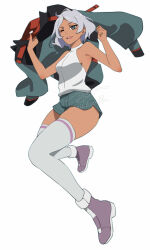 Rule 34 | 1girl, absurdres, airborne, artist name, ass, asticassia school uniform, blue eyes, breasts, dark-skinned female, dark skin, female focus, full body, green jacket, green shorts, grey footwear, grey hair, gundam, gundam suisei no majo, halter shirt, halterneck, head tilt, highres, jacket, unworn jacket, looking at viewer, looking down, medium breasts, one eye closed, open clothes, open jacket, open mouth, secelia dote, shiny skin, shirt, shoes, short hair, shorts, simple background, smile, sneakers, solo, studio jr., thick thighs, thighhighs, thighs, white shirt, white thighhighs, wide hips, wink