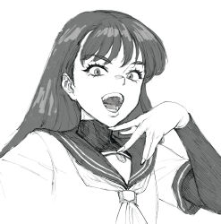 Rule 34 | 1girl, crazy smile, fujii eishun, greyscale, hair behind ear, highres, long hair, long sleeves, looking at viewer, monochrome, neckerchief, open mouth, original, portrait, sailor collar, sailor shirt, shirt, sketch, smile, solo, white background