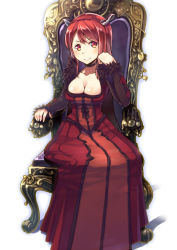 Rule 34 | 10s, 1girl, argyle, breasts, choker, cleavage, dress, fake horns, horns, large breasts, long hair, maou (maoyuu), maoyuu maou yuusha, md5 mismatch, red dress, red eyes, red hair, sitting, smile, solo, throne, umeboshitora, white background