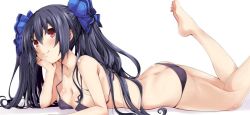 Rule 34 | 1girl, ass, bare shoulders, bikini, black hair, breasts, cleavage, commentary request, hair ribbon, heel, iwashi dorobou -r-, knees, legs, long hair, lying, medium breasts, midriff, neck, neptune (series), noire (neptunia), on stomach, red eyes, ribbon, smile, smirk, smug, solo, swimsuit, the pose, thighs, tsundere, twintails