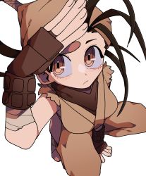 Rule 34 | 1girl, :/, arm support, arm up, bandaged foot, bandages, bandana, between legs, blush, breasts, brown eyes, brown gloves, brown hair, closed mouth, clothing cutout, commentary, english commentary, face, fingerless gloves, from above, gloves, gomulgong, hand between legs, highres, ibuki (street fighter), japanese clothes, long hair, looking at viewer, looking up, medium breasts, ninja, side cutout, simple background, solo, squatting, street fighter, thigh cutout, torn clothes, torn sleeves, white background