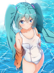Rule 34 | 1girl, ahoge, alternate costume, aqua hair, backlighting, bare shoulders, blue eyes, blush, breasts, caustics, closed mouth, collarbone, commentary request, competition school swimsuit, from above, frown, hair between eyes, halkawa501, hatsune miku, highres, jacket, legs together, long hair, long sleeves, looking at viewer, looking up, off shoulder, one-piece swimsuit, open clothes, open jacket, orange jacket, parted bangs, school swimsuit, small breasts, solo, standing, swimsuit, thighs, twintails, very long hair, vocaloid, water, white one-piece swimsuit