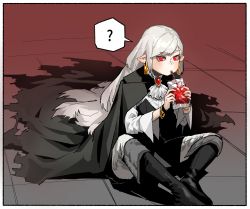 Rule 34 | 1girl, ?, ascot, black cape, black dress, black footwear, blood, blood bag, blouse, blush, border, bright pupils, brooch, cape, dress, drinking, drinking blood, drinking straw, earrings, gogalking, highres, jewelry, long hair, long sleeves, looking at viewer, original, pants, pointy ears, red background, red eyes, shirt, sitting, slit pupils, solo, spoken question mark, torn cape, torn clothes, vampire, vampire (gogalking), very long hair, white ascot, white border, white pants, white pupils, white shirt