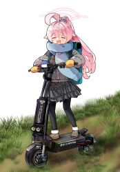 Rule 34 | 1girl, :3, ahoge, aqua bag, aqua scarf, bagjeomlye88315, black thighhighs, blue archive, brown footwear, closed eyes, commentary, dirt road, fang, fur-trimmed footwear, fur trim, grasslands, grey jacket, grey skirt, halo, highres, hoshino (blue archive), hoshino (young) (blue archive), jacket, mittens, motor vehicle, on scooter, open mouth, padded jacket, pink hair, pink halo, plaid, plaid skirt, pleated skirt, ponytail, road, runny nose, scarf, scooter, skirt, smile, snot, thighhighs, whale ornament, yellow mittens