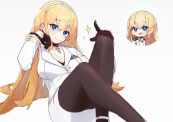 Rule 34 | 1girl, absurdres, akutaa, azur lane, black gloves, black pantyhose, blonde hair, blue eyes, blush, breasts, chibi, cleavage, cross, cross necklace, crossed legs, gloves, hairband, highres, jewelry, long hair, looking at viewer, medium breasts, necklace, north carolina (azur lane), open mouth, pantyhose, smile, solo, uniform, white background
