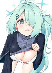 Rule 34 | 1girl, absurdres, asymmetrical bangs, black sweater, blue archive, blush, breasts, clothes lift, collared shirt, green eyes, hair over one eye, halo, highres, hiyori (blue archive), komasi, large breasts, light green hair, long hair, long sleeves, looking at viewer, open mouth, parted bangs, shirt, side ponytail, solo, sweater, sweater lift, tears