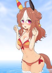 Rule 34 | alternate costume, animal ears, ashitaba tomorou, bikini, blush, breasts, cleavage, collarbone, commentary request, copano rickey (umamusume), double bun, fang, hair between eyes, hair bun, hair ornament, horse ears, horse tail, long hair, looking at viewer, medium breasts, navel, open mouth, red eyes, swimsuit, tail, umamusume, wet