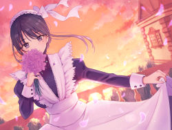 Rule 34 | 1girl, black eyes, black hair, blush, breasts, closed mouth, dress, flower, holding, holding flower, jewelry, long sleeves, looking at viewer, maid, medium breasts, mole, mole under eye, nagidango, necklace, original, outdoors, railing, smile, solo, sunlight, sunset