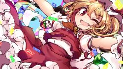 Rule 34 | 1girl, :d, blonde hair, crystal, fang, flandre scarlet, frilled skirt, frills, isu (is88), looking at viewer, one eye closed, open mouth, red eyes, red skirt, red vest, shirt, short sleeves, skirt, smile, solo, touhou, vest, white headwear, white shirt, wings, wrist cuffs