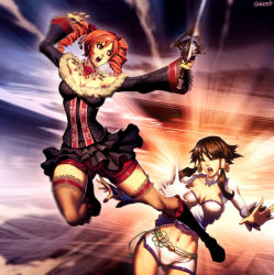 Rule 34 | 2girls, amy sorel, bare shoulders, chai xianghua, chinese clothes, choker, drill hair, emphasis lines, closed eyes, fighting, fur trim, genzoman, gothic lolita, kicking, lolita fashion, midriff, multiple girls, red eyes, red hair, short hair, short twintails, shorts, soul calibur, soulcalibur, soulcalibur iv, sword, teeth, thigh gap, thighhighs, thighs, twintails, upper teeth only, weapon