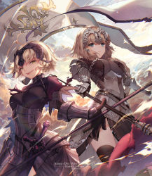 Rule 34 | 2girls, armor, black legwear, blonde hair, blue eyes, character name, day, dual persona, evil smile, fate (series), flag, gauntlets, half-closed eyes, headgear, jeanne d&#039;arc (fate), jeanne d&#039;arc (ruler) (fate), jeanne d&#039;arc alter (avenger) (fate), jeanne d&#039;arc alter (fate), kawacy, looking at viewer, multiple girls, outdoors, serious, sheath, sheathed, short hair, sky, smile, standing, sword, thighhighs, weapon, yellow eyes