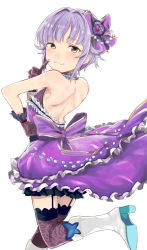 Rule 34 | 10s, 1girl, bad id, bad pixiv id, brown eyes, dress, garter straps, gloves, hair ornament, hairclip, idolmaster, idolmaster cinderella girls, idolmaster cinderella girls starlight stage, koshimizu sachiko, looking at viewer, nesume, purple hair, short hair, smile, solo, thighhighs