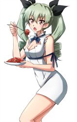Rule 34 | 1girl, anchovy (girls und panzer), black ribbon, blue ribbon, cleavage cutout, clothing cutout, commentary, cosplay, cowboy shot, dress, drill hair, dungeon ni deai wo motomeru no wa machigatteiru darou ka, eating, fork, from side, girls und panzer, green hair, hair ribbon, hestia (danmachi), hestia (danmachi) (cosplay), high collar, highres, holding, holding fork, holding plate, long hair, looking at viewer, medium hair, neck ribbon, omachi (slabco), open mouth, pencil dress, plate, red eyes, rei no himo, ribbon, short dress, simple background, solo, spaghetti strap, standing, twin drills, twintails, white background