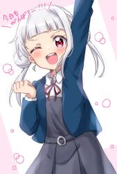 Rule 34 | 1girl, ;d, arashi chisato, arm up, blue jacket, blunt bangs, blush, commentary, double bun, dress, grey dress, hair bun, hakumai konatsu, highres, jacket, long hair, looking at viewer, love live!, love live! superstar!!, one eye closed, open mouth, pink eyes, red tie, round teeth, school uniform, short bangs, shrug (clothing), smile, solo, string tie, symbol-only commentary, teeth, translated, twintails, upper teeth only, v-shaped eyebrows, white hair, winter uniform, yuigaoka school uniform