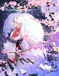 Rule 34 | 1boy, branch, cherry blossoms, closed mouth, commentary, facial mark, highres, horizon, inuyasha, japanese clothes, katana, kimono, long hair, looking at viewer, male focus, mmmilk, moon, night, outdoors, pointy ears, sesshoumaru, solo, standing, sword, water, weapon, whisker markings, white hair, white kimono