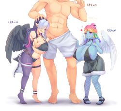 Rule 34 | 1boy, 2girls, absurdres, aiassis, alien, angel, angel wings, bikini, blue skin, breasts, colored skin, dunceneygak, eonbound, hair over one eye, height difference, highres, huge breasts, long hair, looking at penis, mature female, multicolored hair, multicolored skin, multiple girls, nipples, open mouth, phessian, pointy ears, puffy nipples, rainbow hair, see-through, shadow, shortstack, size difference, smile, standing, swimsuit, tattoo, thighhighs, tongue, tongue out, two-tone hair, two-tone skin, wings, xaessya