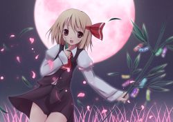 Rule 34 | 1girl, bamboo, blonde hair, codemofel, embodiment of scarlet devil, fang, female focus, full moon, hair ribbon, leaf, moon, nature, night, open mouth, outdoors, petals, red eyes, red moon, ribbon, rumia, short hair, sky, solo, star (sky), starry sky, tanabata, touhou