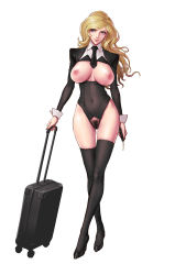 Rule 34 | 1girl, bad id, bad pixiv id, black thighhighs, blonde hair, blue eyes, breasts, breasts apart, breasts out, business suit, covered navel, crotchless, earrings, female pubic hair, formal, full body, functionally nude, high heels, highres, jewelry, large breasts, long hair, luggage, lupin iii, mine fujiko, nail polish, necktie, nipples, pubic hair, red nails, rolling suitcase, simple background, solo, suit, suitcase, thighhighs, white background, zjl baiqishi