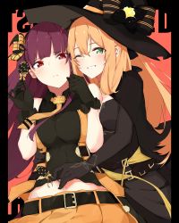Rule 34 | 2girls, absurdres, alternate costume, belt, black gloves, blush, breasts, brown hair, candy, cape, closed mouth, elbow gloves, food, girls&#039; frontline, gloves, green eyes, grin, hair between eyes, hair ribbon, hair rings, half updo, halloween, hands up, hat, highres, holding, holding food, hug, ichiki (pixiv 28380297), large breasts, lollipop, long hair, looking at viewer, midriff, multiple girls, necktie, official alternate costume, one eye closed, one side up, orange neckwear, orange skirt, pantyhose, ponytail, purple hair, red eyes, ribbon, shirt, sidelocks, skirt, sleeveless, sleeveless shirt, smile, springfield (classic witch) (girls&#039; frontline), springfield (girls&#039; frontline), very long hair, wa2000 (girls&#039; frontline), wa2000 (haunted castle) (girls&#039; frontline), witch hat