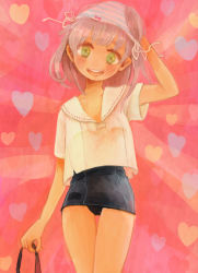 Rule 34 | 1girl, blush, green eyes, heart, looking at viewer, no nose, object on head, one-piece swimsuit, original, panties, panties on head, pink background, pink theme, pinoko (ame), sailor collar, school swimsuit, short hair, smile, solo, striped clothes, striped panties, swimsuit, underwear
