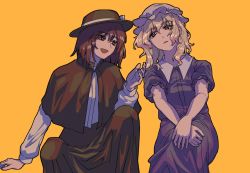 Rule 34 | 2girls, :d, black capelet, black headwear, black skirt, blonde hair, blouse, bow, brown eyes, brown hair, capelet, collared dress, commentary request, dress, fedora, hair between eyes, hands on own knees, hat, hat bow, highres, knee up, long sleeves, looking at another, maribel hearn, me ri0815, mob cap, multiple girls, open mouth, orange eyes, own hands together, puffy short sleeves, puffy sleeves, purple dress, shirt, short hair, short sleeves, sitting, skirt, smile, talking, touhou, usami renko, white bow, white headwear, white shirt, yellow background