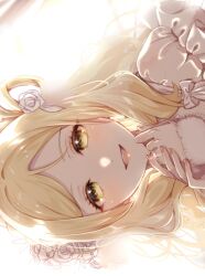 Rule 34 | 1girl, :d, backlighting, blonde hair, commentary, dress, eyelashes, fingernails, flower, hair flower, hair ornament, halation, highres, jewelry, long hair, looking at viewer, love live!, love live! sunshine!!, nky4321, ohara mari, open mouth, own hands together, profile, puffy sleeves, ring, rose, sideways, single bang, single hair ring, smile, solo, teeth, upper teeth only, white dress, white flower, white rose, yellow eyes