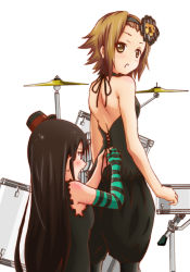 Rule 34 | 2girls, akiyama mio, back, black hair, blush, brown eyes, brown hair, don&#039;t say &quot;lazy&quot;, dressing, drum, drum set, elbow gloves, fingerless gloves, gloves, hair ornament, hairband, hat, instrument, k-on!, long hair, looking back, mini hat, mini top hat, multiple girls, open mouth, pantyhose, profile, short hair, single elbow glove, single glove, striped clothes, striped gloves, tainaka ritsu, tennen ahoke, top hat, tying