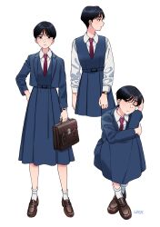Rule 34 | 1girl, absurdres, arms on knees, artist name, bag, belt, black eyes, black hair, blue dress, blue jacket, briefcase, brown footwear, collared shirt, dress, dress shirt, full body, hand in own hair, highres, jacket, loafers, looking at viewer, looking to the side, multiple views, necktie, one eye closed, open clothes, open jacket, original, protected link, red necktie, school bag, school uniform, shirt, shoes, short hair, simple background, sleeveless, sleeveless dress, socks, umk30510, watch, white background, white shirt, white socks, wristwatch