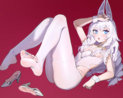 Rule 34 | 1girl, absurdres, animal ears, arm support, azur lane, bird, blue eyes, braid, commentary request, convenient censoring, fake animal ears, hair between eyes, hairband, hand on own head, high heels, highres, le malin (listless lapin) (azur lane), leotard, long hair, looking at viewer, low twintails, lying, no shoes, pantyhose, parted lips, playboy bunny, rabbit ears, red background, shoes, unworn shoes, sidelocks, simple background, soles, solo, sweat, symbol-shaped pupils, toes, twin braids, twintails, white hair, white pantyhose, wrist cuffs, xuxuxu