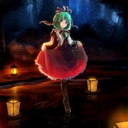 Rule 34 | 1girl, arm ribbon, bad id, bad twitter id, boots, bow, clothes lift, dress, dress lift, floating, floating object, forest, frills, front ponytail, full body, green eyes, green hair, hair bow, hair ribbon, highres, kagiyama hina, lantern, lifted by self, looking at viewer, matching hair/eyes, nature, night, nuqura, outdoors, parted lips, red dress, ribbon, ripples, solo, standing, standing on liquid, touhou, tree, wrist ribbon