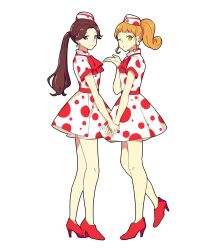 Rule 34 | 2girls, aikatsu! (series), ascot, bad id, bad twitter id, blowing kiss, blue eyes, brown hair, character request, closed mouth, dress, earrings, full body, hand up, hat, high heels, holding hands, jewelry, long hair, looking at viewer, multiple girls, one eye closed, ponytail, red ascot, red footwear, shiontaso, shoes, short sleeves, simple background, smile, standing, white background, white dress, white hat