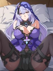 Rule 34 | 1girl, bare shoulders, bed, black swan (honkai: star rail), boots, breasts, dress, gomon sensei, hair between eyes, highres, honkai: star rail, honkai (series), indoors, large breasts, long hair, looking at viewer, lying, on back, pantyhose, pillow, purple dress, purple eyes, purple hair, sleeveless, sleeveless dress, smile, solo, thigh boots, thighs, veil, very long hair