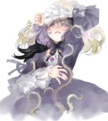 Rule 34 | 00s, 1girl, absurdres, dress, frills, highres, jewelry, long hair, moruga, plant, purple eyes, ring, rozen maiden, silver hair, simple background, solo, suigintou, vines, white background, wings