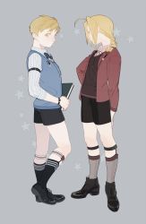 Rule 34 | 2boys, ahoge, alphonse elric, arm at side, armband, black footwear, black legwear, black shorts, black sweater, blonde hair, blue neckwear, blue sweater, book, bow, bowtie, braid, brothers, closed mouth, collared shirt, edward elric, eyelashes, facing away, formal, full body, fullmetal alchemist, grey background, grey legwear, grey shirt, hand on own hip, holding, holding book, jacket, legwear garter, looking afar, looking to the side, male focus, medal, multiple boys, open clothes, open jacket, oxfords, p0ckylo, parted bangs, pink shirt, profile, red jacket, shirt, shoes, shorts, siblings, side-by-side, simple background, socks, standing, standing on one leg, star (symbol), starry background, striped bow, striped bowtie, striped clothes, striped legwear, striped neckwear, striped shirt, striped socks, sweater, swept bangs, tareme, watch, wristwatch, yellow eyes