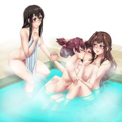 Rule 34 | 4girls, akagi (kancolle), black hair, breasts, cleavage, closed eyes, collarbone, completely nude, covering privates, folded ponytail, fubuki (kancolle), girl sandwich, green eyes, grey eyes, hand on another&#039;s face, hand on own knee, highres, holding hands, interlocked fingers, kantai collection, kiss, kongou (kancolle), long hair, multiple girls, navel, nipples, nude, nude cover, onsen, parted lips, partially submerged, sandwiched, short hair, small breasts, smile, steam, tile floor, tiles, towel, twrlare, water, yamato (kancolle), yuri
