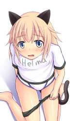 Rule 34 | 1girl, animal ears, blonde hair, blue eyes, blush, buruma, buruma pull, cat ears, cat tail, clothes pull, gym shirt, helma lennartz, jou (koe410), long hair, name tag, shirt, solo, strike witches, strike witches: suomus misfits squadron, tail, underwear, world witches series