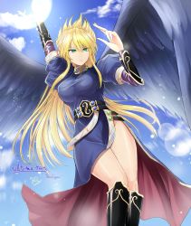 Rule 34 | 1girl, absurdres, angel wings, artist name, blonde hair, blue sky, boots, breasts, breath of fire, breath of fire ii, bridal gauntlets, cloud, commission, commissioner upload, day, dress, flying, green eyes, hand up, highres, knee boots, large breasts, lens flare, long hair, nina (breath of fire ii), purple wings, side slit, signature, skeb commission, sky, solo, thighs, wings, y2