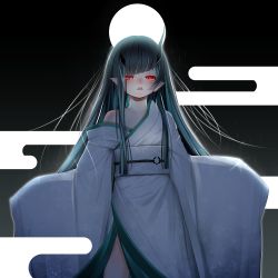 Rule 34 | 1girl, nanashi inc., absurdres, alternate costume, aura, black hair, blue hair, commentary request, demon girl, demon horns, doryudory, egasumi, feet out of frame, flat chest, full moon, highres, horns, japanese clothes, kimono, long hair, long sleeves, looking at viewer, moon, multicolored hair, obi, off shoulder, open mouth, pointy ears, red eyes, sash, shishio chris, sleeves past fingers, sleeves past wrists, solo, sugar lyric, two-tone hair, virtual youtuber, white kimono, white sash, wide sleeves