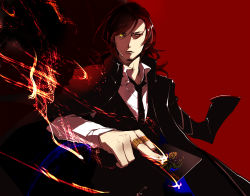 Rule 34 | 10s, 1boy, bad id, bad pixiv id, brown hair, c (control), card, facial hair, formal, goatee, heterochromia, holding, holding card, jewelry, male focus, mikuni souichirou, necktie, qualia, red eyes, ring, shirt, solo, suit, tuxedo, yellow eyes