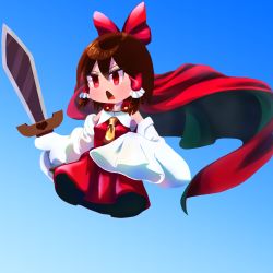 Rule 34 | 1girl, absurdres, ascot, blue background, bow, breasts, brown hair, cape, commentary request, cookie (touhou), detached sleeves, dress, frilled hair tubes, frills, full body, gradient background, hair bow, hair tubes, hakurei reimu, heart, highres, holding, holding sword, holding weapon, open mouth, psychic parrot, red bow, red cape, red dress, red eyes, sakenomi (cookie), sarashi, short hair, sidelocks, sleeveless, sleeveless dress, sleeves past fingers, sleeves past wrists, small breasts, solo, sword, touhou, weapon, white sleeves, wide sleeves, yellow ascot