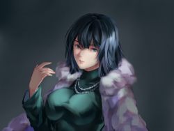 Rule 34 | 1girl, absurdres, black hair, blue eyes, breasts, coat, coat on shoulders, fubuki (one-punch man), fur-trimmed coat, fur trim, green sweater, grey background, hair between eyes, highres, large breasts, long hair, long sleeves, looking at viewer, one-punch man, parted lips, solo, straight hair, sweater, turtleneck, turtleneck sweater, upper body, white coat, you (szjp2473)
