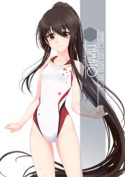 Rule 34 | 1girl, alternate breast size, artist name, brown eyes, brown hair, character name, collarbone, competition swimsuit, cowboy shot, eyes visible through hair, flat chest, floral print, flower, hair between eyes, highleg, highleg swimsuit, highres, inaba shiki, kantai collection, long hair, looking at viewer, multicolored clothes, multicolored swimsuit, one-piece swimsuit, ponytail, print clothes, print swimsuit, simple background, smile, solo, striped clothes, striped one-piece swimsuit, swimsuit, vertical-striped clothes, vertical-striped one-piece swimsuit, white background, white one-piece swimsuit, yamato (kancolle)