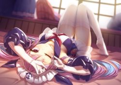 Rule 34 | 1girl, ;), anchor symbol, azur lane, bed, blurry, breasts, colored inner hair, depth of field, detached sleeves, gloves, hololive, knees up, legs together, looking at viewer, lying, maid, maid headdress, maid one-piece swimsuit, medium breasts, minato aqua, mizunashi (second run), multicolored hair, on back, one-piece swimsuit, one eye closed, pink eyes, pink hair, smile, solo, swimsuit, thigh gap, thighhighs, unconventional maid, virtual youtuber, white gloves, white thighhighs, window