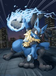 Rule 34 | absurdres, artist name, blue fire, building, city, clenched teeth, commentary, creatures (company), dated, english commentary, fighting stance, fire, flaming hand, game freak, gen 4 pokemon, highres, katkichi, lucario, night, night sky, nintendo, no humans, outdoors, pokemon, pokemon (creature), red eyes, rooftop, shadow, sky, skyscraper, solo, spikes, standing, star (sky), teeth, v-shaped eyebrows, watermark