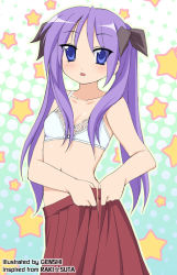 Rule 34 | 00s, 1girl, bare shoulders, blue eyes, blush, bra, breasts, cleavage, collarbone, embarrassed, genshi, hiiragi kagami, lace, lingerie, long hair, lucky star, midriff, navel, open mouth, pleated skirt, purple hair, school uniform, serafuku, skirt, small breasts, solo, star (symbol), tsurime, twintails, underwear, undressing