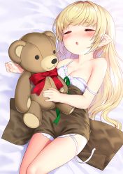 Rule 34 | 1girl, :o, bare shoulders, bed sheet, blanket, blonde hair, blush, braid, breasts, cleavage, closed eyes, copyright request, dress, feet out of frame, frilled dress, frills, green ribbon, hair down, kuro chairo no neko, lingerie, long hair, lying, medium breasts, nail polish, on back, on bed, pink nails, pointy ears, ribbon, sidelocks, sleeping, solo, spaghetti strap, strap slip, stuffed animal, stuffed toy, teddy bear, under covers, underwear